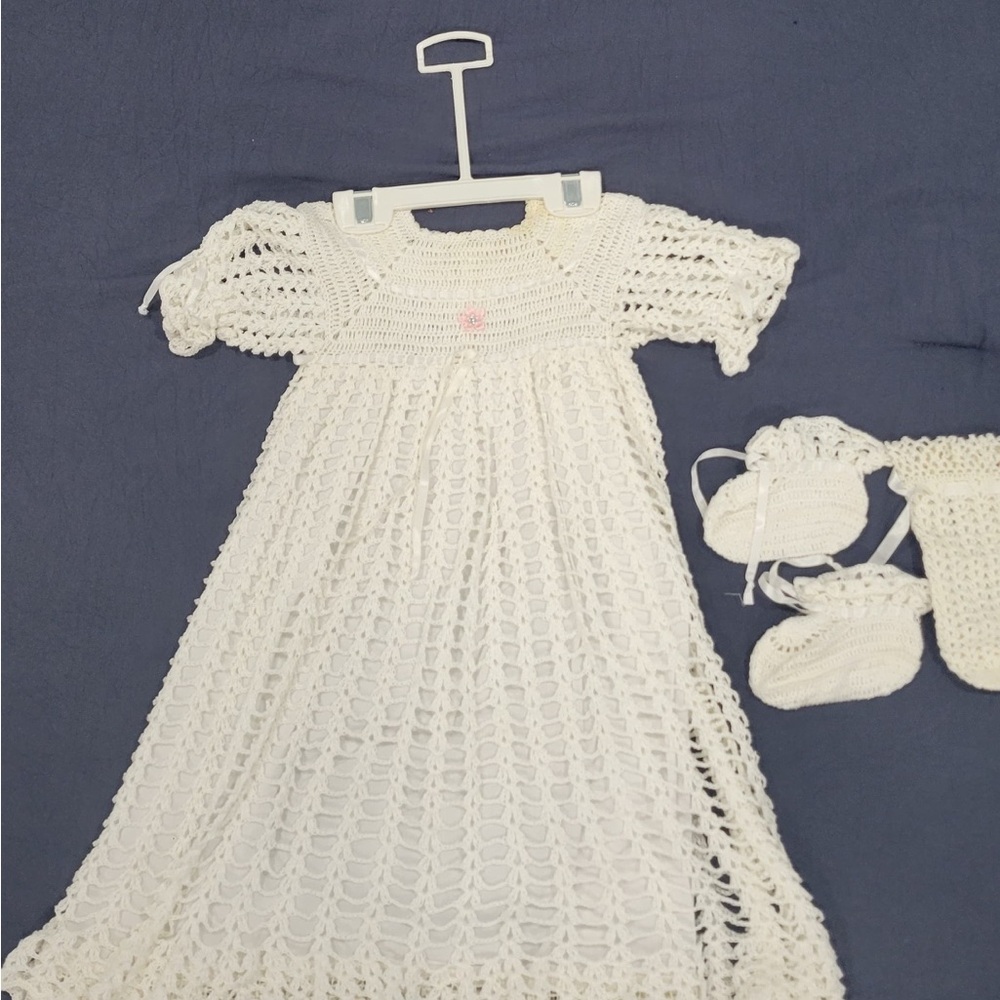 White Crochet Baby Dress with Booties
